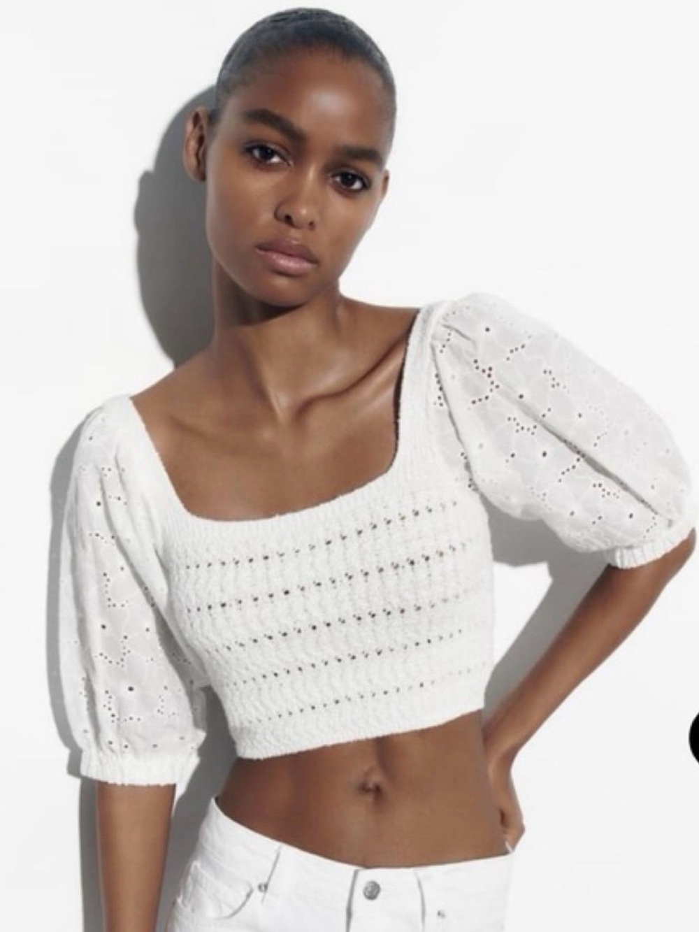 Zara Cream Crochet Bodice Puff-Sleeve Crop Top